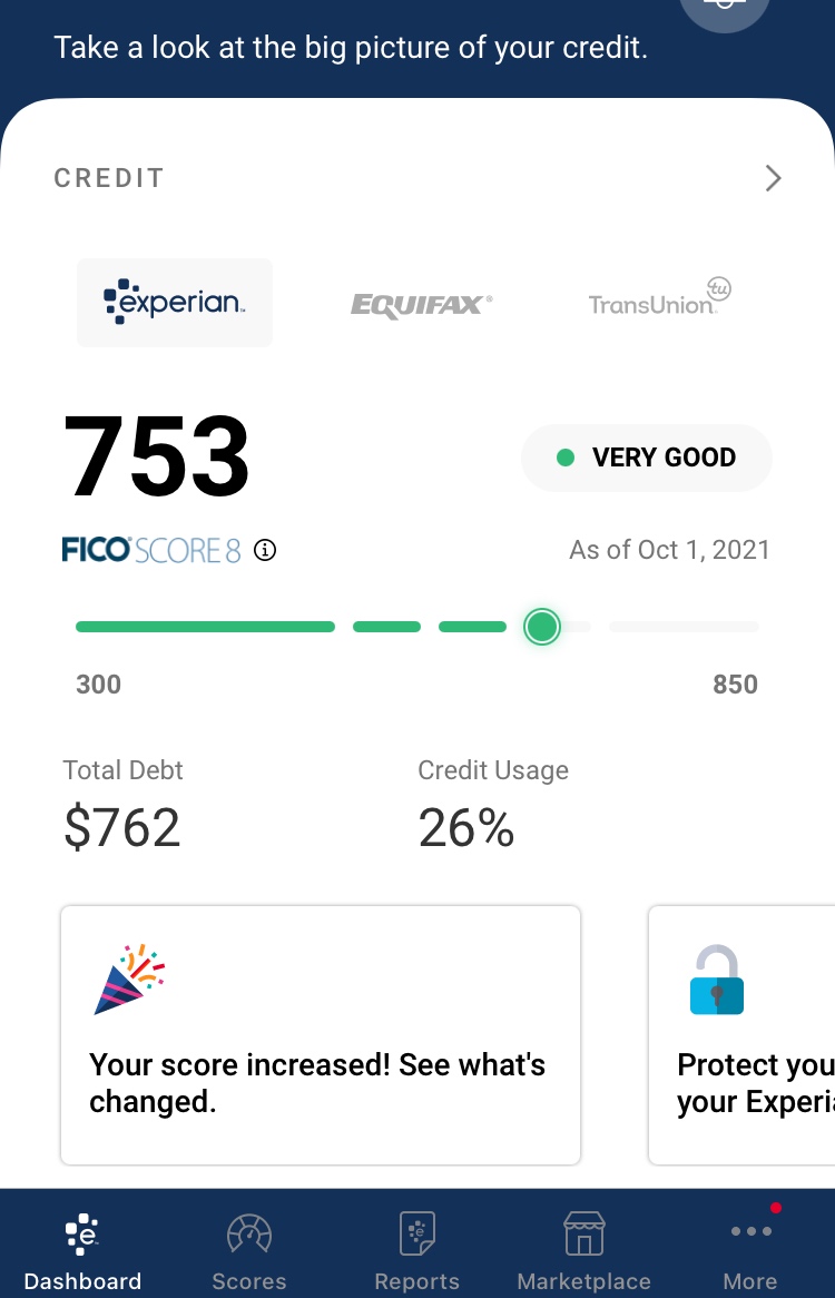 Credit report screenshot showing a score of 753