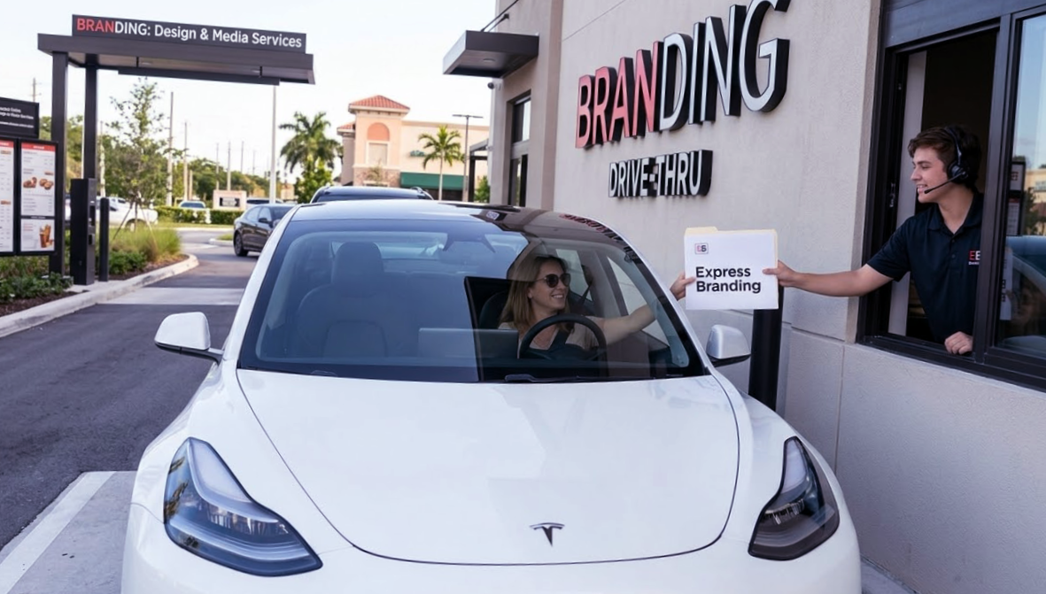 A car pulling up to a drive-thru window with a Branding sign
