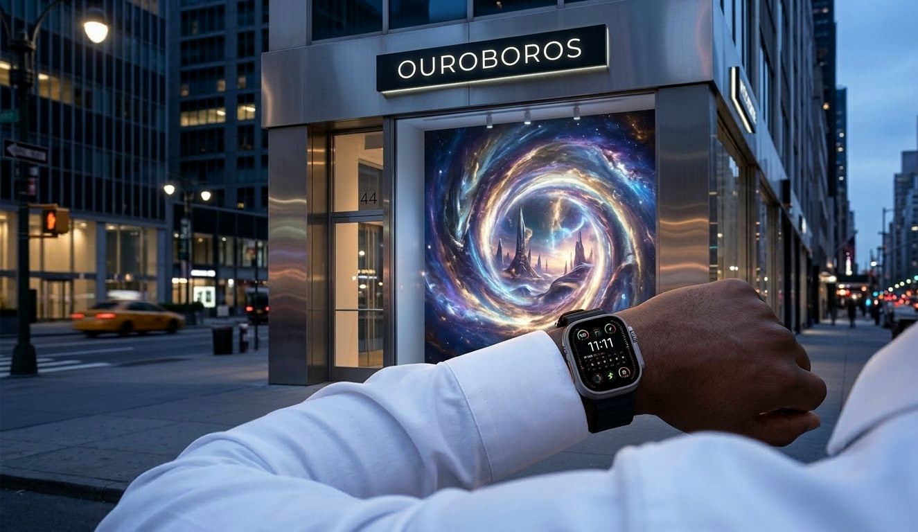 A glowing portal on a city street, seen past a wristwatch