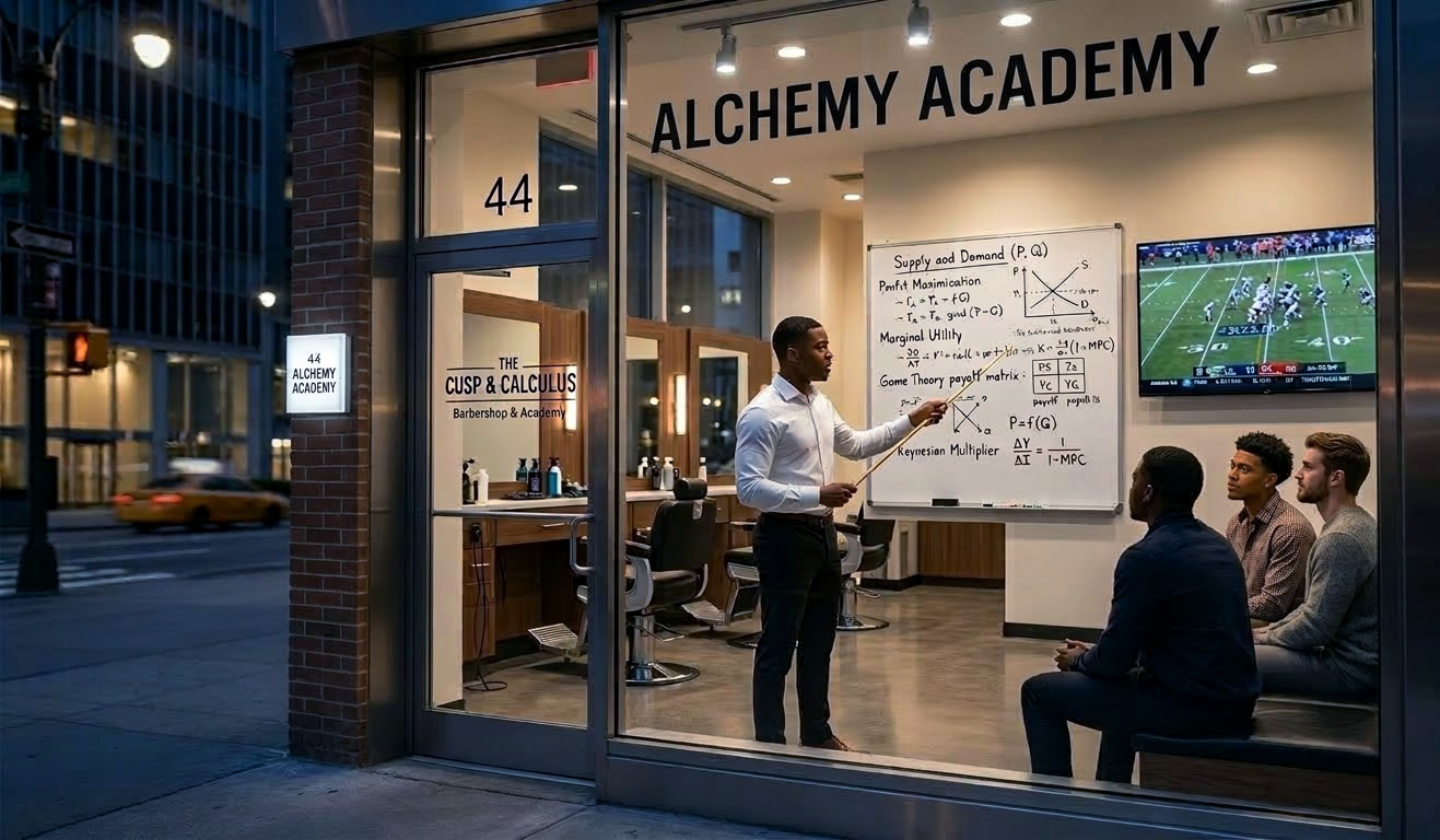 Students in a barbershop-style classroom called Alchemy Academy
